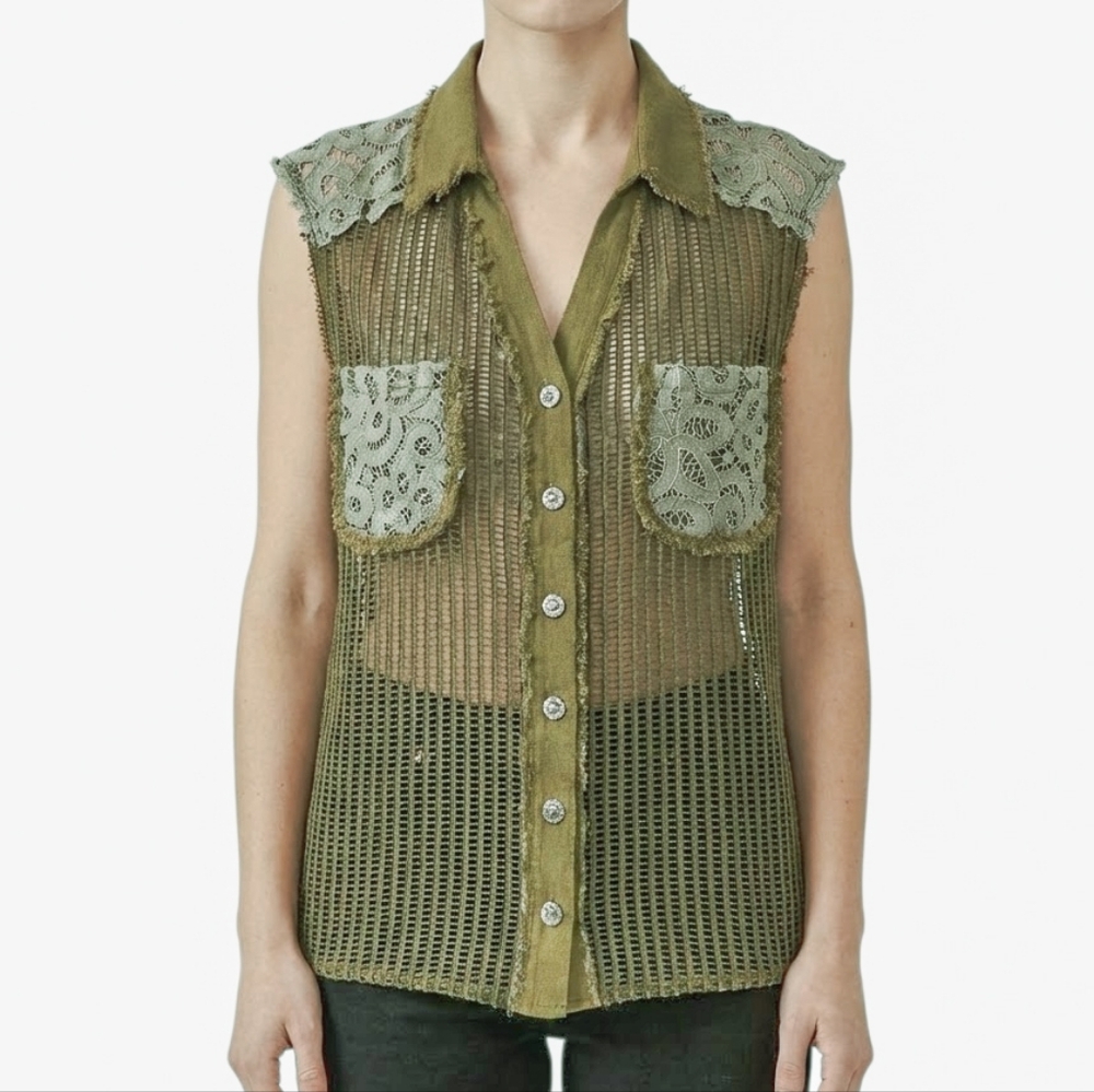 POL Crochet Patchwork Knit Vest Green Button Front Openwork Boho Small NWOT